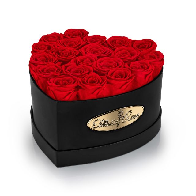 20 Preserved Red Roses Heart Display Box – Black