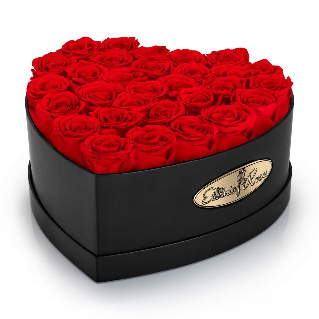 30 Preserved Red Roses Heart Display Box – Black