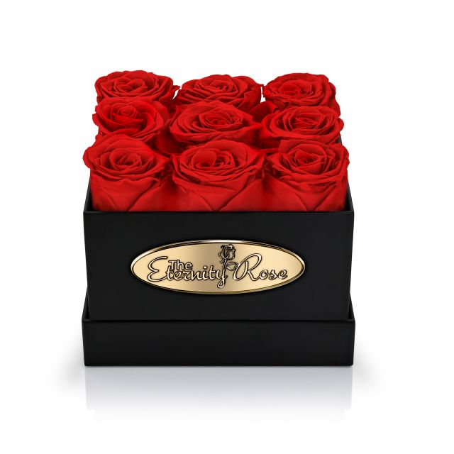 9 Preserved Red Roses Square Display Box – Black