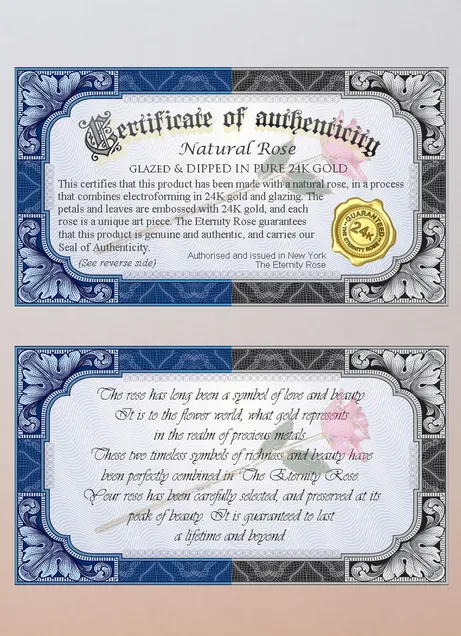 Certificate of authenticity — glazed 24-karat gold Eternity Rose