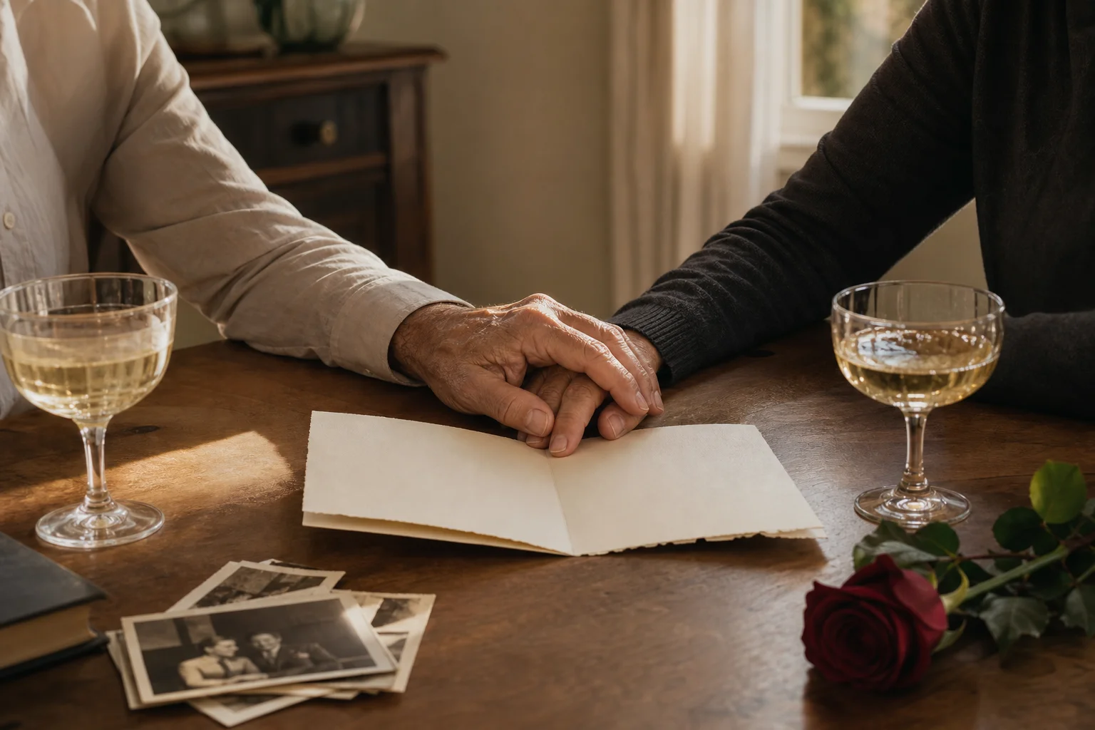 An older couple holding hands beside an anniversary card, photographs and a red rose